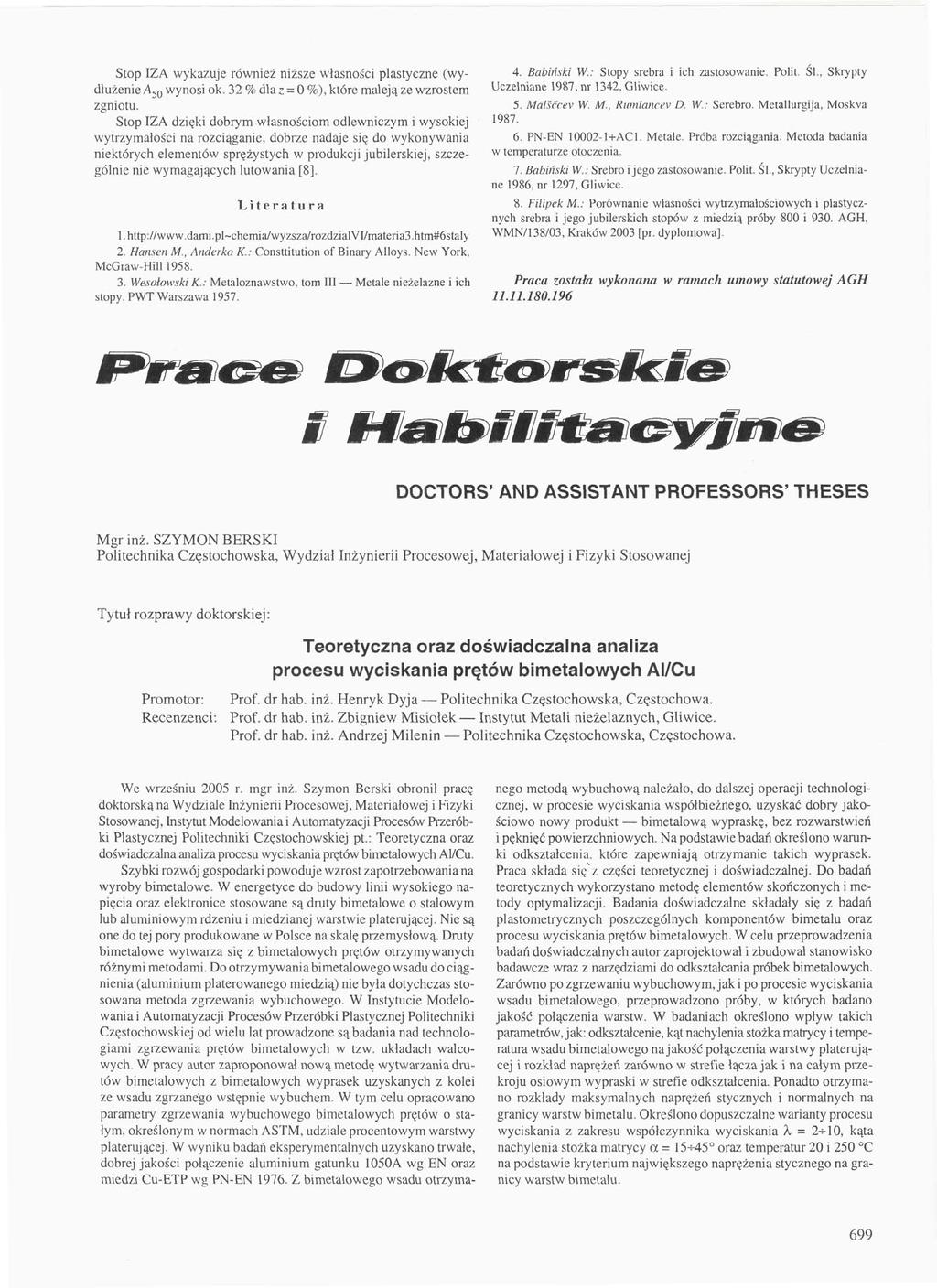 Stop IZA wykazuje również niższe własności plastyczne (wydłużenie/150 wynosi ok. 32 dla z = O ), które maleją ze wzrostem zgniotu.