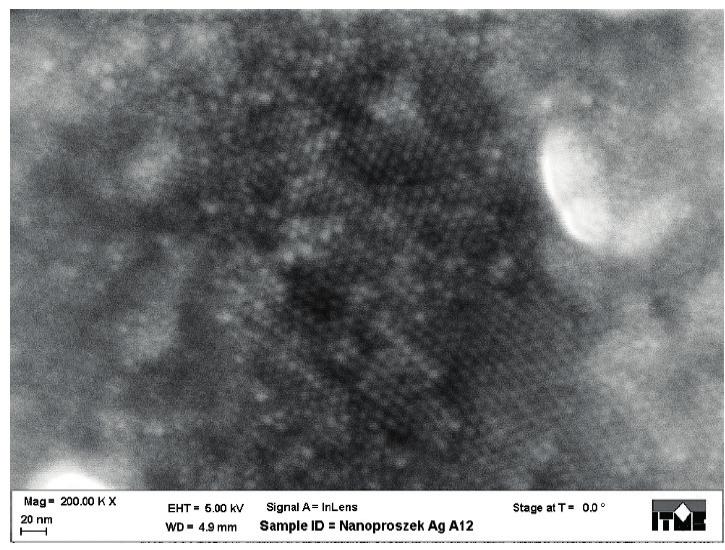 Dobór parametrów procesu termicznego rozkładu prekursora nanoproszku srebra... Rys. 5. Struktura siatkowa krystalitów srebra. Ubytek fazy organicznej 60%. Fig. 5. Regular structure of silver crystallites.