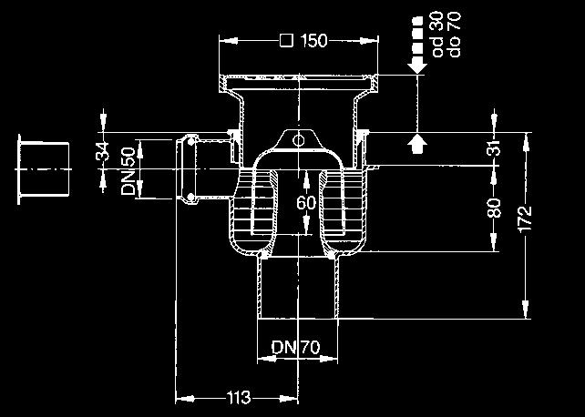 70/00 odp yw pionowy przepustowoêç,8 l/s wyjmowany syfon nasadka z przykr canà do niej kratkà 50 x 50 mm ze stali nierdzewnej Klasa K 3* z uszczelkà wargowà i pokrywà ochronnà na czas budowy Wybranie