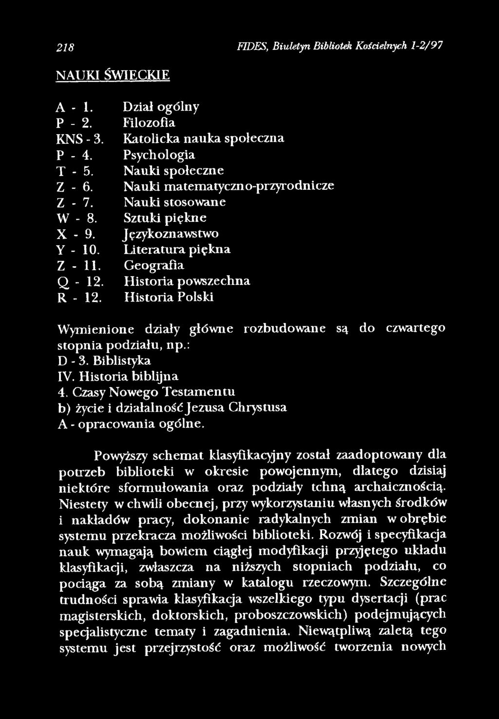 218 FIDES, Biuletyn Bibliotek Kościelnych 1-2/97 NAUKI ŚWIECKIE A-l. P - 2. KNS - 3. P - 4. T - 5. Z - 6. Z - 7. W - 8. X - 9. Y - 10. Z - 11. Q - 12. R - 12.