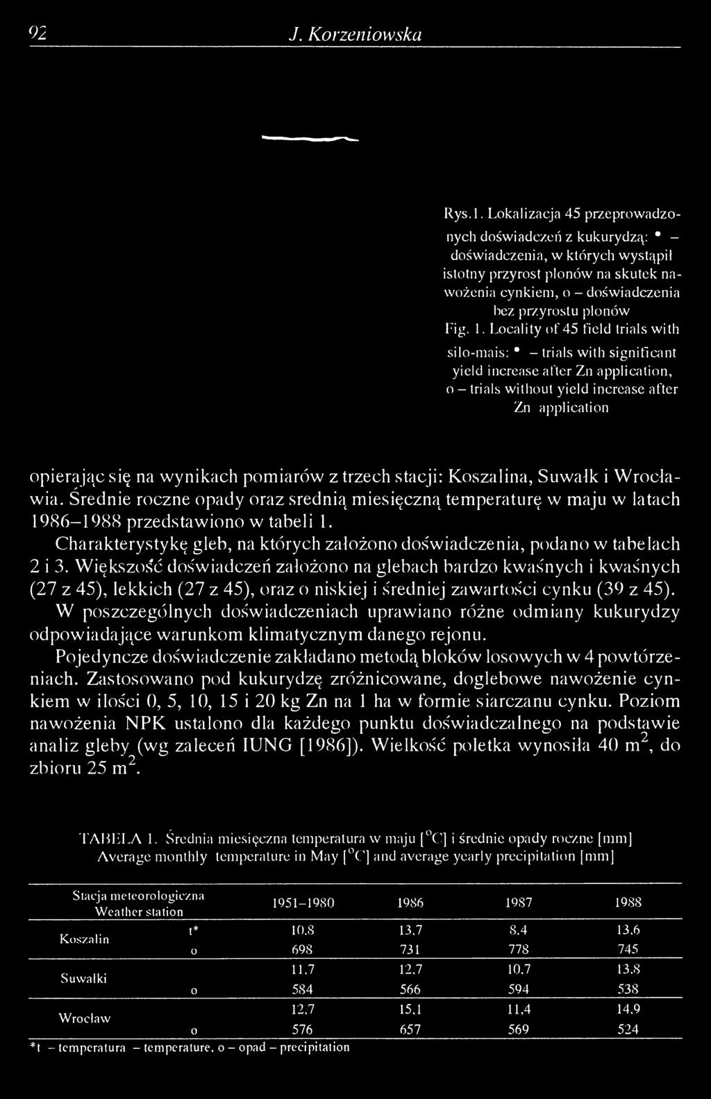 Locality of 45 field trials with silo-mais: * - trials with significant yield increase after Zn application, о - trials without yield increase after Zn application opierając się na wynikach pomiarów