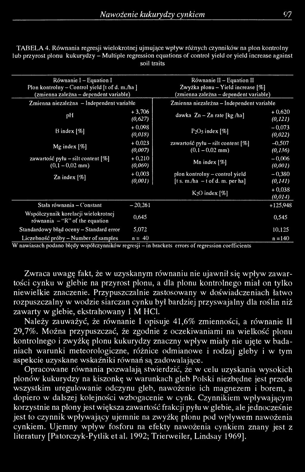 Równanie I - Equation I Plon kontrolny - Control yield [t of d. m.