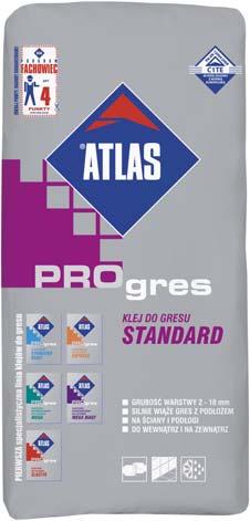 KLEJE DO PŁYTEK ATLAS PROGRES STANDARD klej do gresu (2-10 mm) silnie wiąże gres z podłożem do gresu szkliwionego i technicznego umożliwia układanie płytek od góry wydłużony czas otwarty do łazienek,