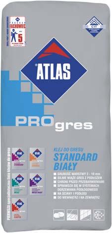 KLEJE DO PŁYTEK ATLAS PROGRES STANDARD BIAŁY biały klej do gresu (2-10 mm) silnie wiąże gres z podłożem chroni przed przebarwieniami umożliwia układanie płytek od góry do łazienek, kuchni, korytarzy