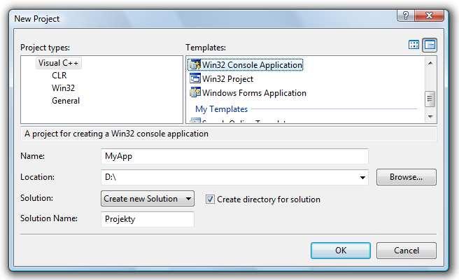 wyświetlające wyniki działania programu. 5 4 6 7.3. Utworzenie nowego projektu w Visual C++ 008 Rozpoczęcie pracy ze środowiskiem Visual C++ 008 wymaga utworzenia nowego projektu.