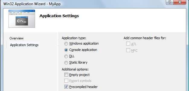 8), można: - zmienić typ aplikacji (Application type); - dodać pliki nagłówkowe (Add common header files for); - zmienić dodatkowe opcje (Additional options).