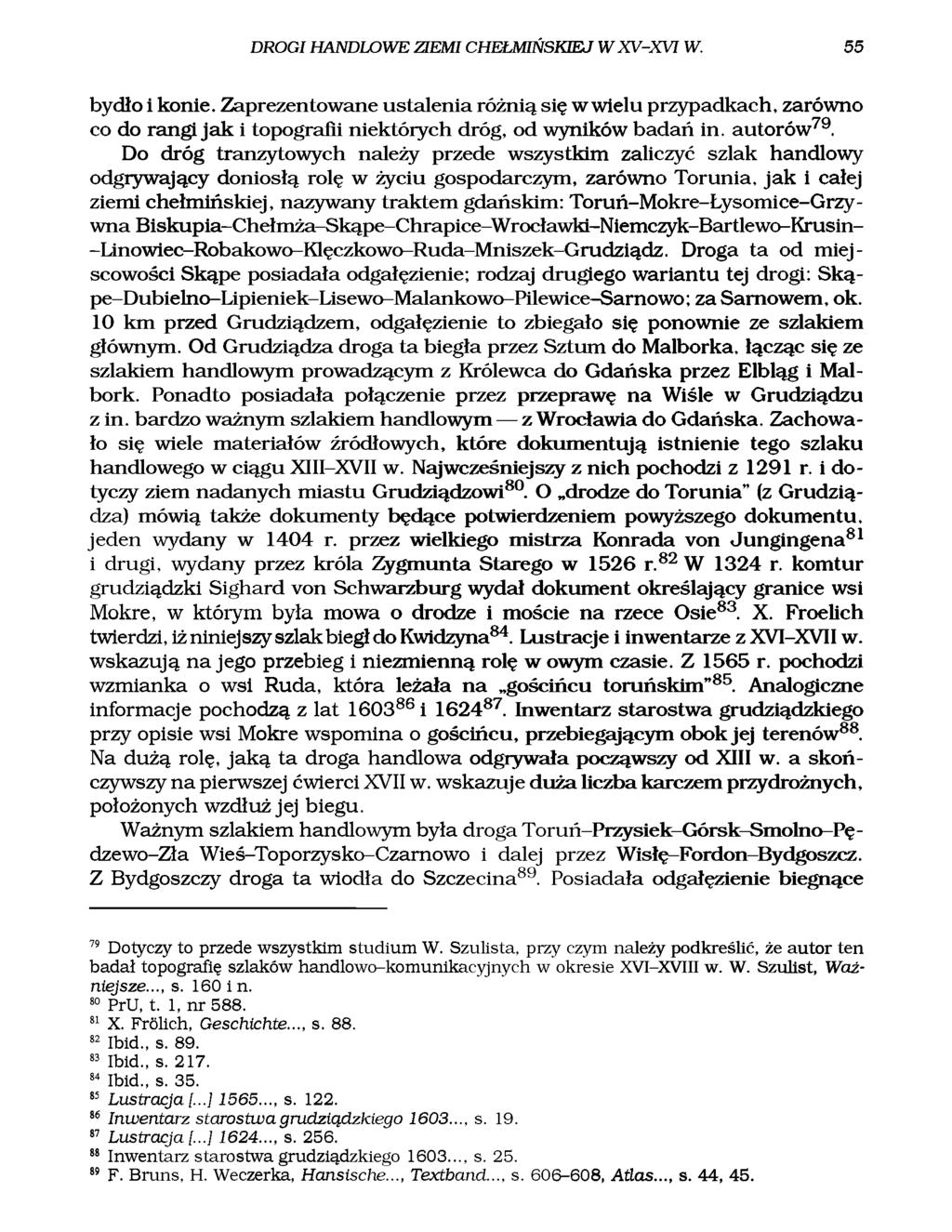 DROGI HANDLOWE ZIEMI CHEŁMIŃSKIEJ W XV-XVI W. 55 bydło i konie. Zaprezentowane ustalenia różnią się w wielu przypadkach, zarówno co do rangi ja k i topografii niektórych dróg, od wyników badań in.