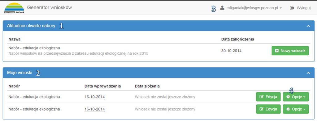 postępować zgodnie z punktem 1.1. 2. Obsługa Generatora Wniosków 2.1. Ekran Generatora Wniosków Po poprawnym zalogowaniu dostępny jest poniższy ekran startowy (strona startowa).