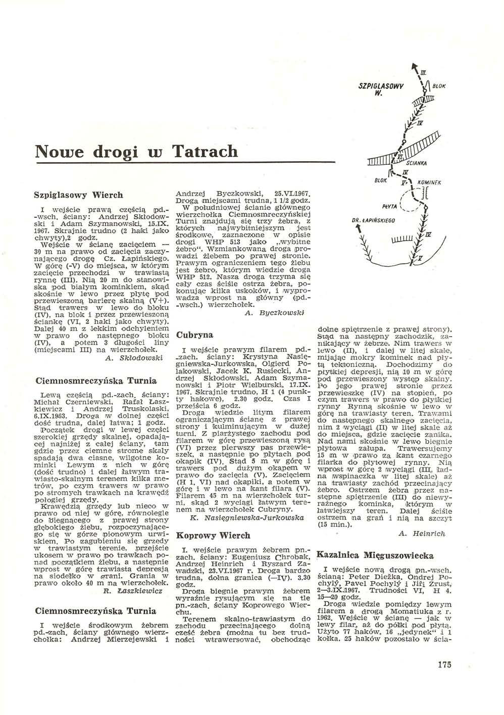 SZPIBLASOWy w. Noire drogi m Tatrach Szpiglasowy Wierch I wejście prawą częścią pd.- -wsch. ściany: Andrzej Skłodowski i Adam Szymanowski, 15.IX. 1967. Skrajnie trudno (2 haki jako chwyty),2 godz.