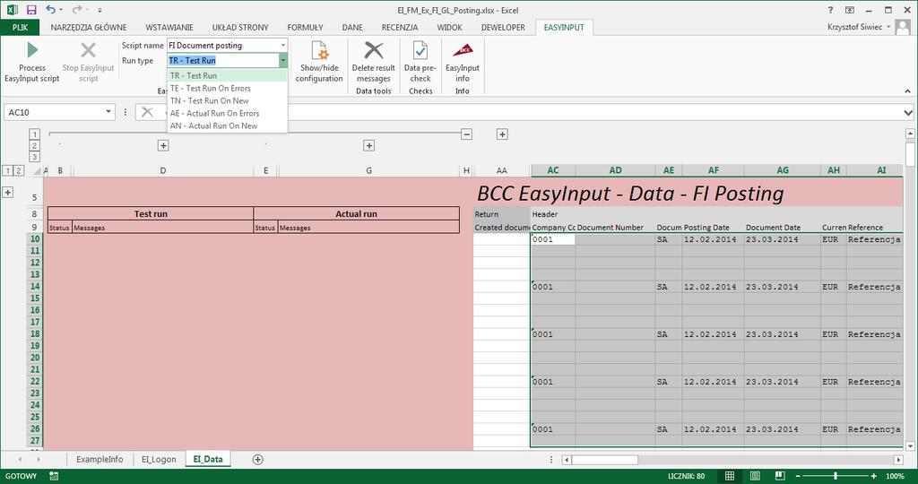 Testowanie jednego z przykładowych skoroszytów EasyInput - 5/5 Wykonanie skryptu EasyInput 1.