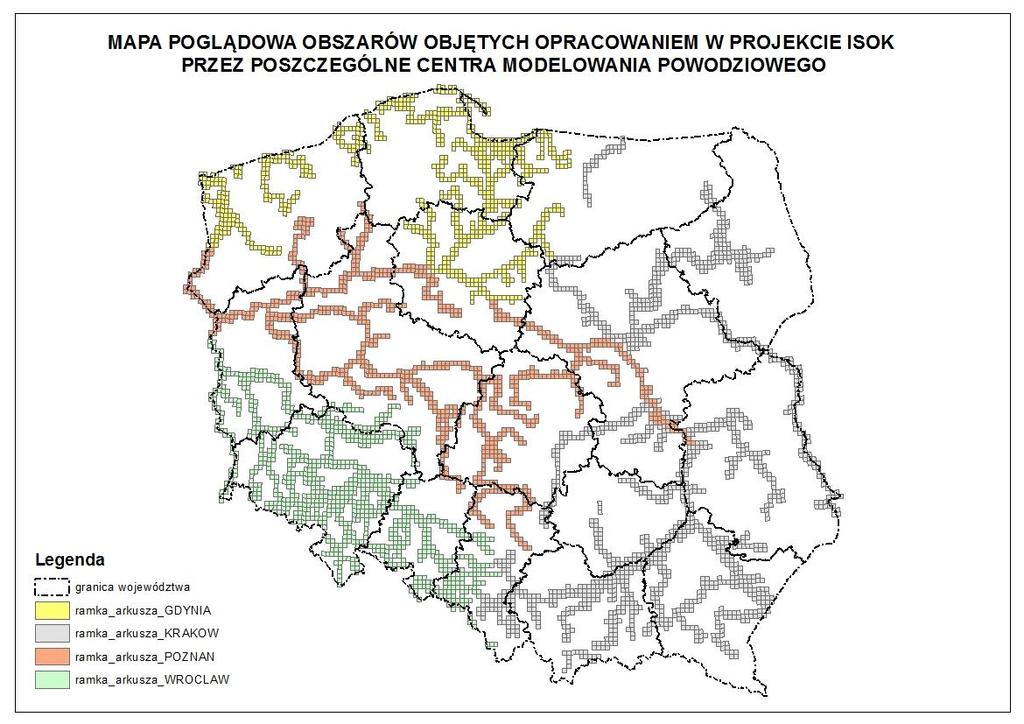 Overview map areas under development in the project ISOK by individual flood modeling centers 253 the main river and water courses in Poland