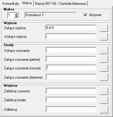 98 VERSA Plus SATEL Sterować można wyjściami typu 15. STEROWALNE. Strefy Wyłącz czuwanie kliknij na przycisk, aby wybrać strefy, w których ma zostać wyłączone czuwanie po uruchomieniu makropolecenia.