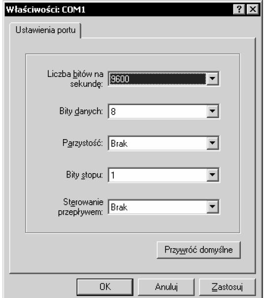Uruchomić program HyperTerminal (Start/Akcesoria/Komunikacja/HyprTerminal) wpisać dowolną nazwę sesji, zadeklarować port komunikacyjny komputera, do którego