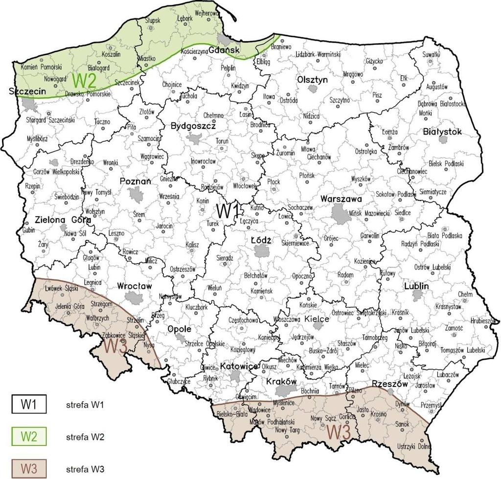 MAPA STREF OBCIĄŻENIA WIATREM NA TERYTORIUM POLSKI 41 Bazowa prędkość wiatru Strefa V b,0, m/s W1 22 C ALT W2 26 W3 22 C ALT gdzie: C