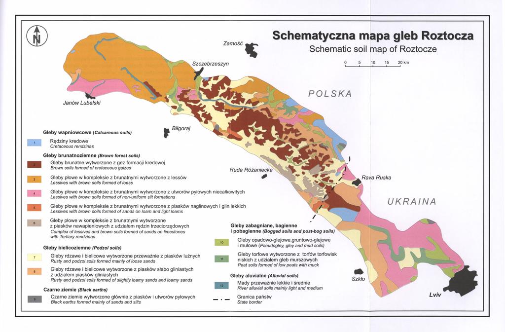 (D Schematyczna mapa gleb Roztocza Schematic soil map of Roztocze 5 10 15 20 km j i i i Janów Lubelski POLSKA Gleby wapniowcowe (Calcareous soils) Rędziny kredowe Cretaceous rendzinas Gleby