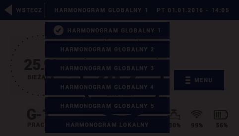 Instrukcja obsługi IV.a) Tryb pracy w strefie: harmonogram / praca ręczna Harmonogram Po aktywowaniu wybranego harmonogramu temperatura zadana zależna jest od zdefiniowanych wcześniej ustawień.