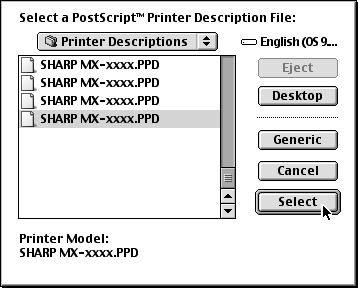 MAC OS 9.0-9.. 9 Wybierz plik PPD. Wybierz konfigurację urządzenia. () () () Wybierz elementy wyposażenia dodatkowego zainstalowane w urządzeniu.