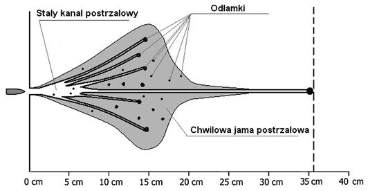 114 Naboje o zmniejszonym zasięgu działania Występują również pociski, w których po zderzeniu z celem, tylko część wierzchołkowa ulega fragmentacji na dużą ilość odłamków, a część tylna pozostaje w