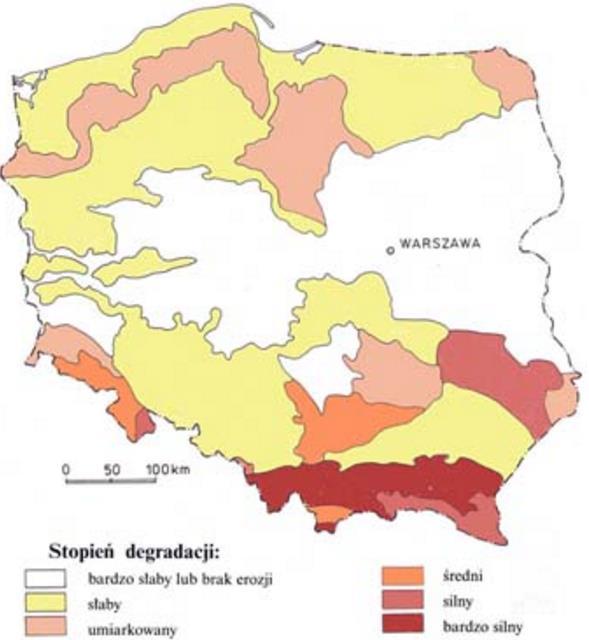 Rysunek 15. Rejony o różnym stopniu degradowania erozją wodną (aktualną) Źródło: http://www.erozja.iung.pulawy.
