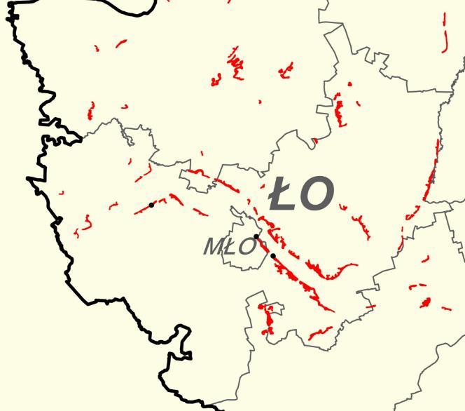 Rysunek 11. Przeglądowa mapa osuwisk i obszarów predysponowanych do występowania ruchów masowych w powiecie łomżyńskim (ŁO) Źródło: http://geoportal.pgi.gov.