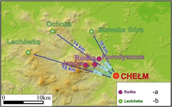 Fig. 10. The distribution of solid rocks within the Chełm Hills: the potential sources of building stone material (by R. Dobrowolski).