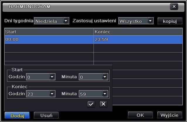 5.4. Konfiguracja harmonogramów 5.4.1. Harmonogram nagrywania w/g czasu Menu główne Ustawienia Harmonogram Tabela ta przedstawia dni w tygodniu od niedzieli do soboty oraz 24 godziny doby.