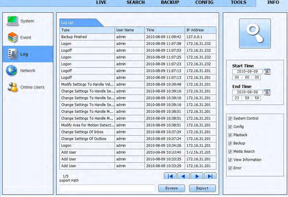 8.7. Informacje W zakładce Informacje jest pięć podmenu: System, Zdarzenia, Log, Sieć i Użytkownicy online.