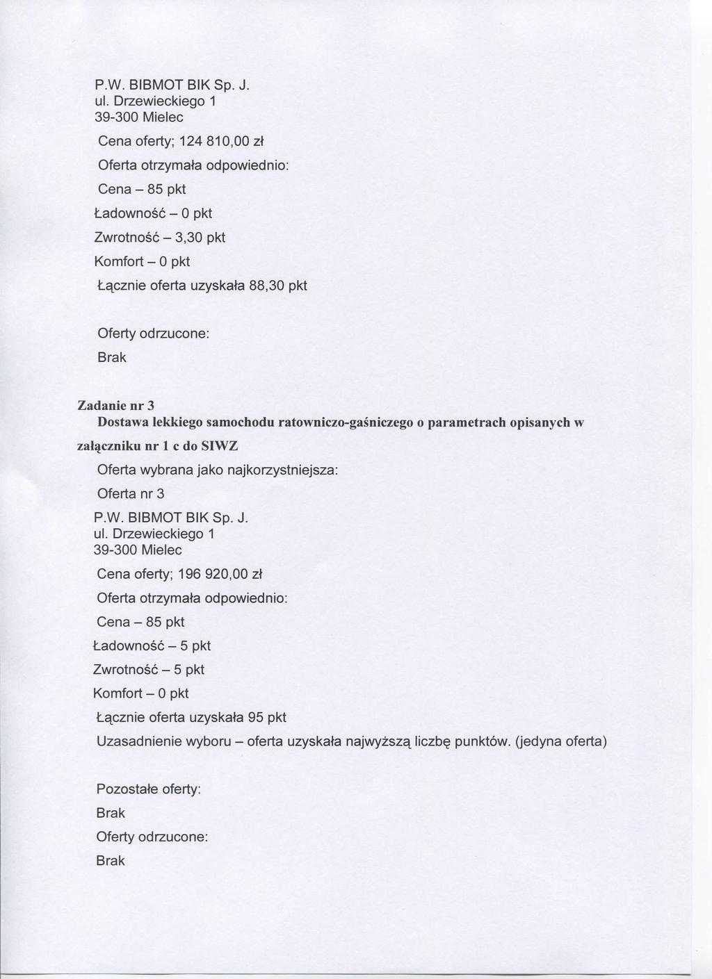 39-300 MIelec Cena oferty; 124 810,00 zt Ladownosc - 0 pkt Zwrotnosc - 3,30 pkt Lacznie oferta uzyskala 88,30 pkt Zadanie nr 3 w zal^czniku nr 1