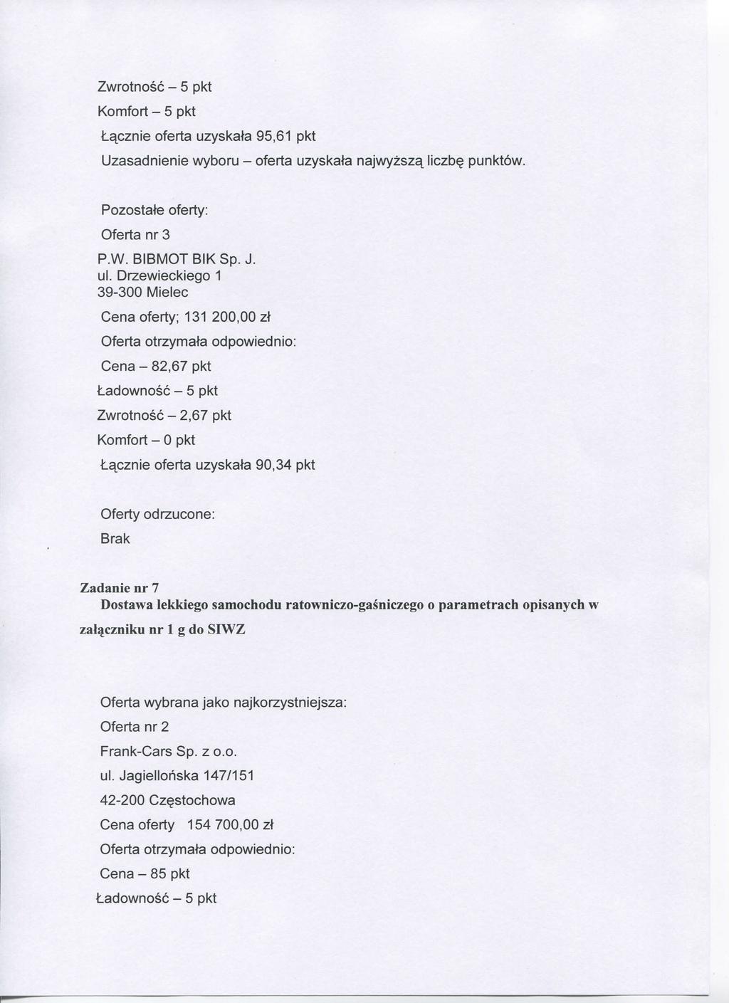 Lacznie oferta uzyskata 95,61 pkt Uzasadnienie wyboru - oferta uzyskata najwyzsza liczb^ punktow. P.W. BIBIVIOT BIK Sp. J.