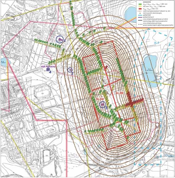 Nr 12 PRZEGLĄD GÓRNICZY 11 obniżenia pomierzone mniejsze od prognozowanych lub większe, co najwyżej 200 mm (10% wartości maksymalnych obniżeń), występują na 141 punktach, oznaczono kolorem zielonym,