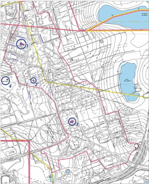 2 PRZEGLĄD GÓRNICZY 2016 Rys. 1. Teren chroniony dzielnicy Miechowice: 1 - kościół Bożego Ciała, 2 - ewangelicko-augsburski, 3 - Św. Krzyża i 4 - zlikwidowany szyb Północny Fig. 1. The protected area of Miechowice district: 1 - the Corpus Christi Church, 2 - the Evangelical Lutheran Church, 3 - the St.