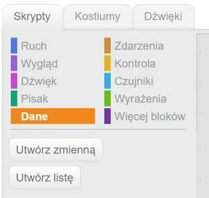 Naszą zmienną będzie zegar, który przechowuje informacje o czasie (i go odlicza, zmienia). W skryptach wybieramy Dane, a następnie Utwórz zmienną. Nauczyciel pyta uczniów: Co ile ma się zmieniać czas?