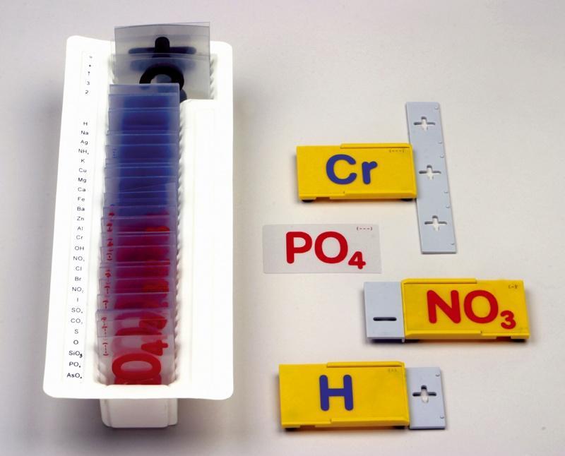 KOMPAKT CHEM 03 Zestaw demonstracyjny pozwalający na łatwe modelowanie na tablicy szkolnej reakcji jonowych oraz konstruowanie wzorów sumarycznych związków jonowych.