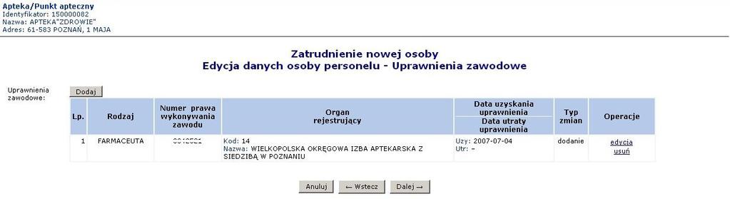 Po zatwierdzeniu dodawania uprawnienia zawodowego, pozycja pojawi się na liście uprawnień.