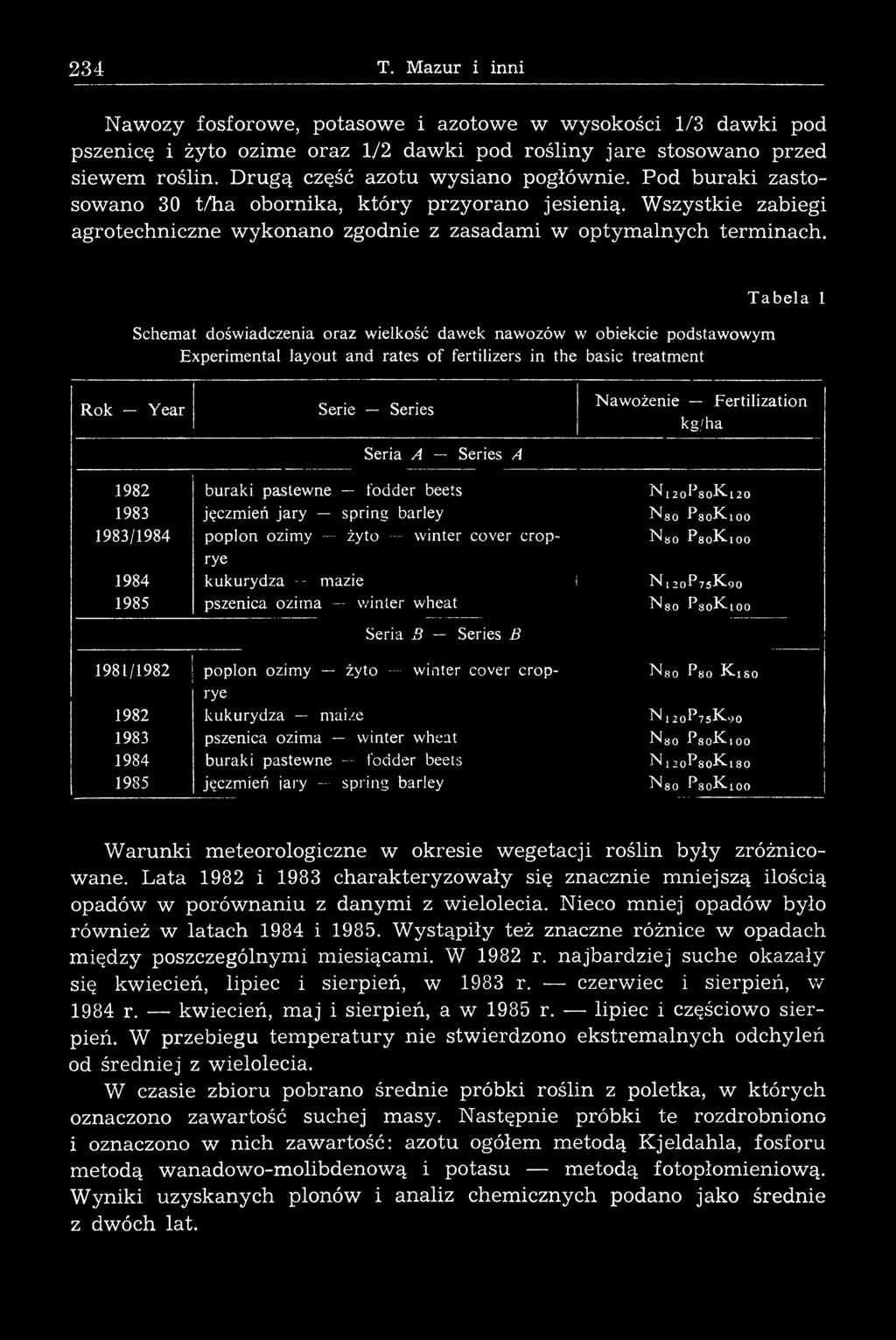 Schemat doświadczenia oraz wielkość dawek nawozów w obiekcie podstawowym Experimental layout and rates of fertilizers in the basic treatment T a b e la 1 Rok Year Serie Series Nawożenie Fertilization