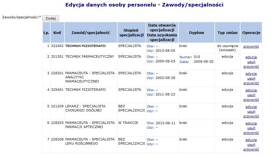 Wyświetlony zostanie komunikat: Zawód/specjalność - ten rodzaj zawodu specjalności już został zdefiniowany. Taką pozycję należy usunąć za pomocą operacji: Usuń.