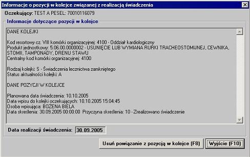 Ewidencja świadczeń 44 Informacje o pozycji w kolejce związanej z realizacją świadczenia Po wybraniu przycisku Usuń powiązanie z pozycją w kolejce (F8), nie będzie możliwości przypisania danej