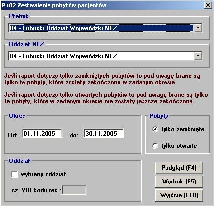 Raporty 50 Parametry raportu p402 W raporcie wyświetlana jest liczba dni pobytu pacjentów na poszczególnych oddziałach w zadanym okresie, których płatnikiem jest płatnik (OW NFZ) wskazany w