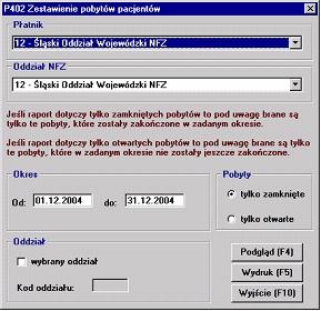 Raporty 5.9.2 56 Raport p402 - Zestawienie pobytów pacjentów W menu Raporty -> Raporty 2005 wybieramy Raport P402.