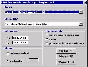 Raporty 58 Parametry raportu p404 W raporcie wyświetlana jest liczba wszystkich hospitalizacji, które zostały zakończone w zadanym okresie.