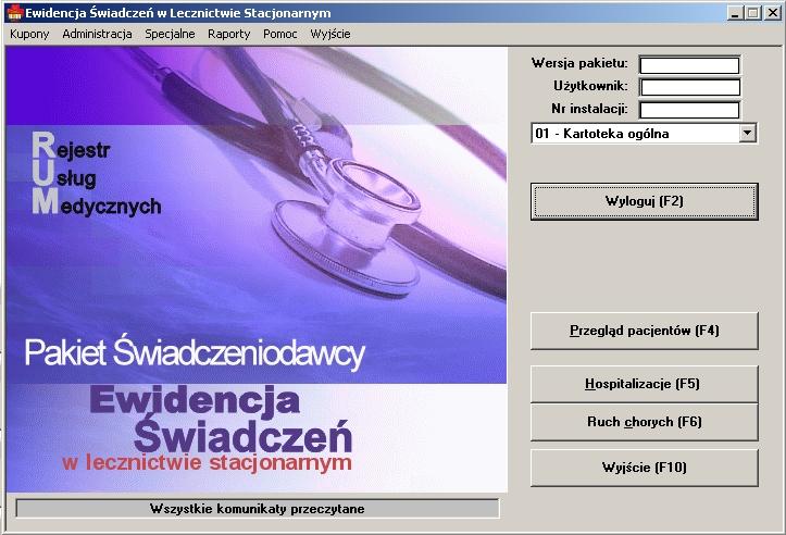 Elementy główne programu Ewidencja Świadczeń 8 Główny formularz programu Formularz jest podzielony na kilka sekcji: W prawym górnym rogu wyświetlane są informacje ogólne o wersji zainstalowanego