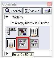 Umieszczamy ikonkę błędu na panelu frontowym. Znajdziemy ją w panelu kontrolnym (Array, Matrix & Cluster»Error In 3D.ctl.). 3. Przeprowadź połączenie pomiędzy przyciskiem stop a terminalem końcowym.