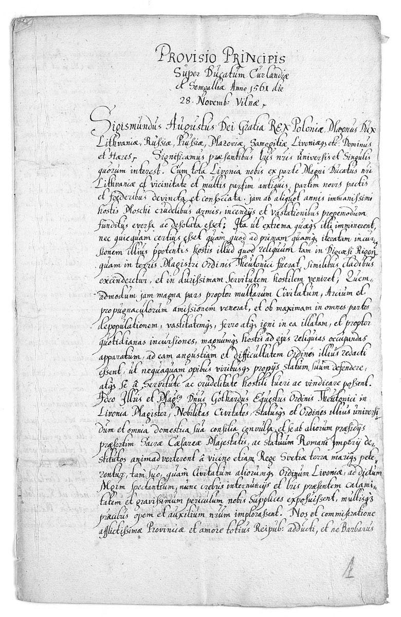 ŹRÓDŁA DO DZIEJÓW INFLANT I KURLANDII W XIII XVIII WIEKU... 87 1. Kopia traktatu wileńskiego z 1561 r. tzw.