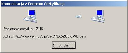 Przed użyciem funkcji pobierania certyfikatu ZUS sprawdź, czy w parametrach przekazu elektronicznego ustawiony został adres Centrum Certyfikacji, z którego pobierany jest ten certyfikat (patrz