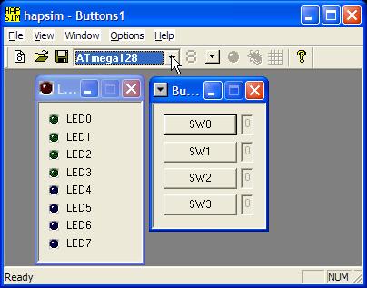 Rys. 8.10. Środowisko HAPSIM Rys. 8.11. Konfiguracja symulacji diod LED i przełączników SW w programie HAPSIM 8.9.