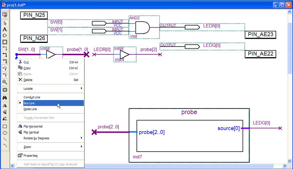 Rys. 1.31. Schemat projektu Light po wprowadzeniu narzędzia In-System Sources and Probes Należy wybrać z menu Tools > In-System Sources and Probes Editor.