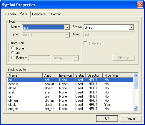 Konfigurację licznika, czyli wybór określonych wejść i wyjść oraz nadanie odpowiedniej wartości parametrom licznika odbywa się w oknie Symbol Properties (rys. 5.