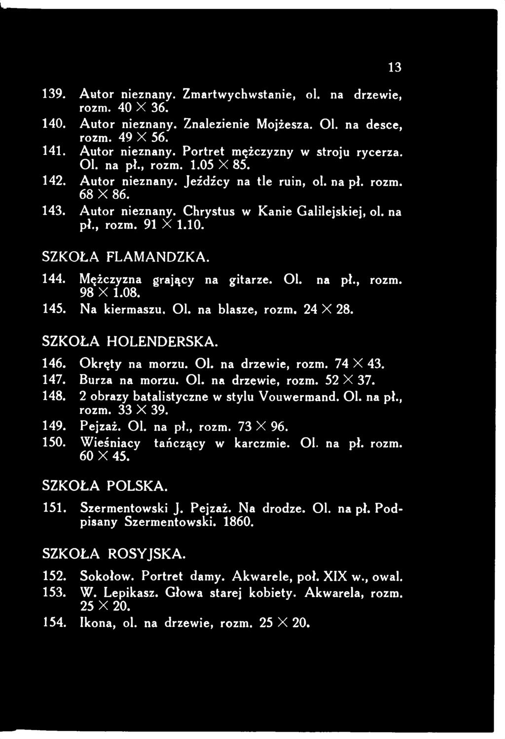 S Z K O Ł A F L A M A N D Z K A. 144. Mężczyzna grający na gitarze. O l. na pł., rozm. 98 X 1.08. 145. Na kiermaszu. O l. na blasze, rozm. 24 X 28. S Z K O Ł A H O L E N D E R S K A. 146.