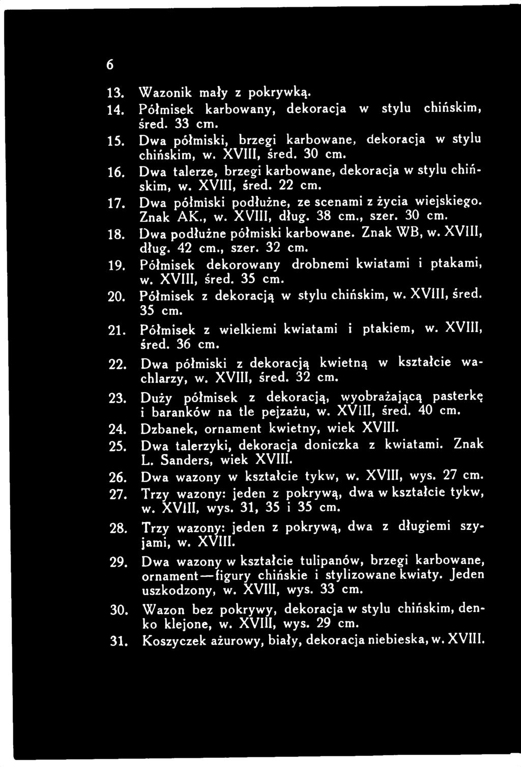 Dwa podłużne półmiski karbowane. Znak W B, w. XV III, dług. 42 cm., szer. 32 cm. 19. Półmisek dekorowany drobnemi kwiatami i ptakami, w. X V III, śred. 35 cm. 20.