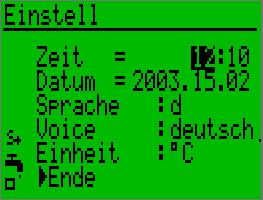 Menu ustawień W tym menu można ustawić godzinę, datę, język i jednostkę wskazań temperatury. Menu można otworzyć z ekranu informacyjnego wybierając punkt >Einstell (Ustaw) i naciskając przycisk enter.